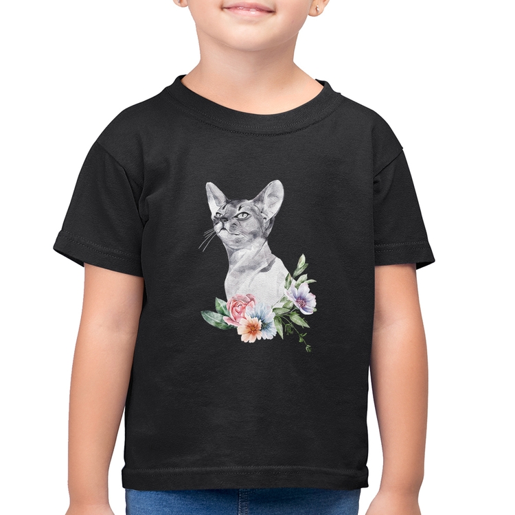 Camiseta Algodão Infantil Gato e Flores