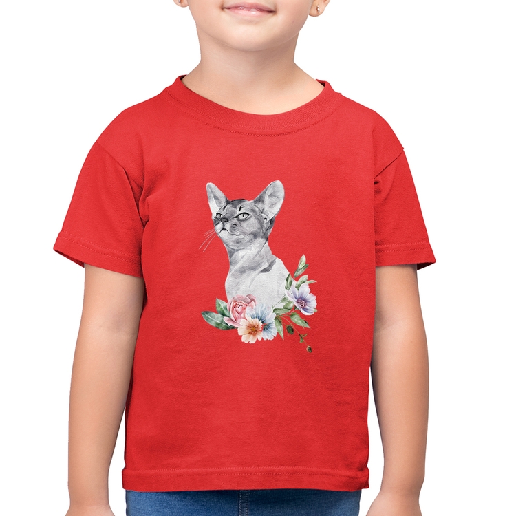 Camiseta Algodão Infantil Gato e Flores - Vermelha