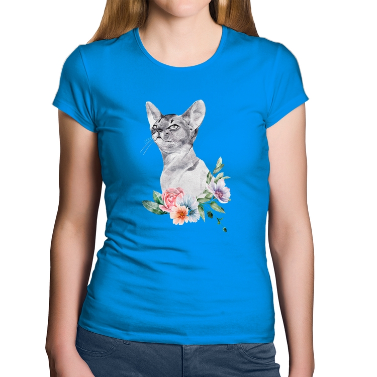 Baby Look Algodão Gato e Flores - Azul