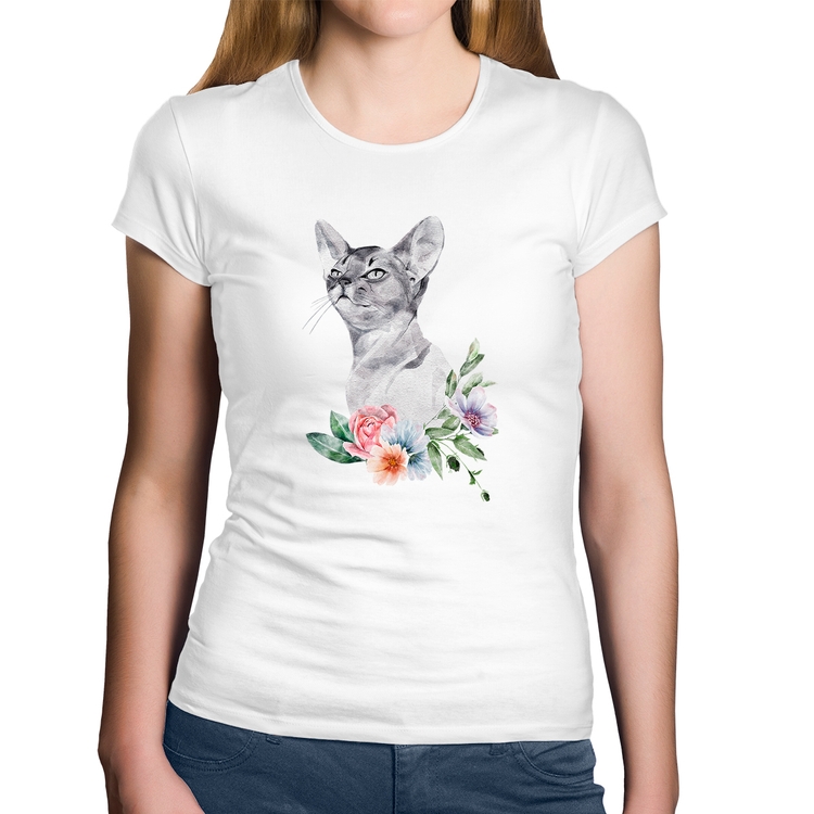 Baby Look Algodão Gato e Flores - Branca