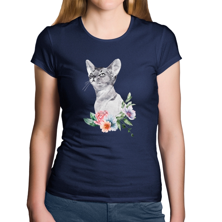 Baby Look Algodão Gato e Flores - Marinho