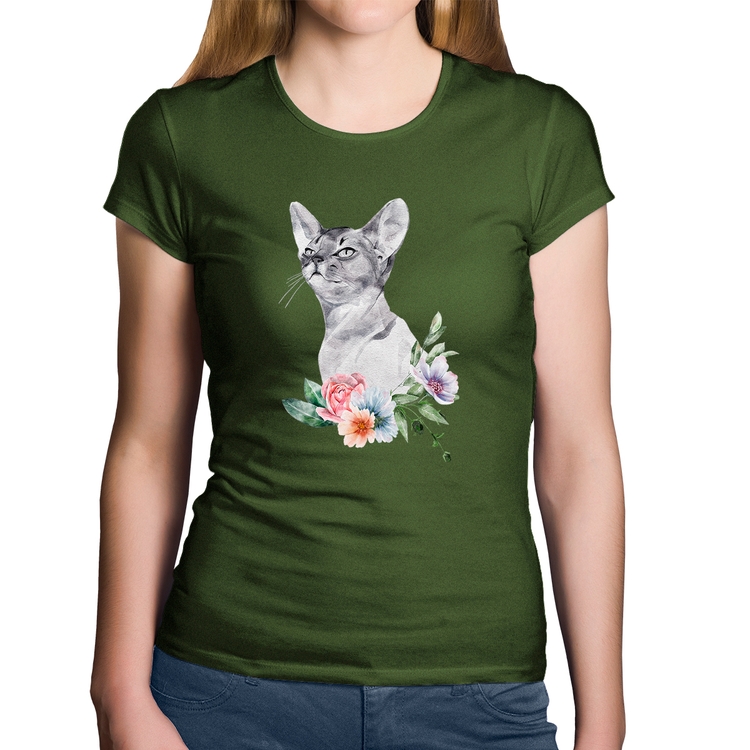 Baby Look Algodão Gato e Flores - Musgo