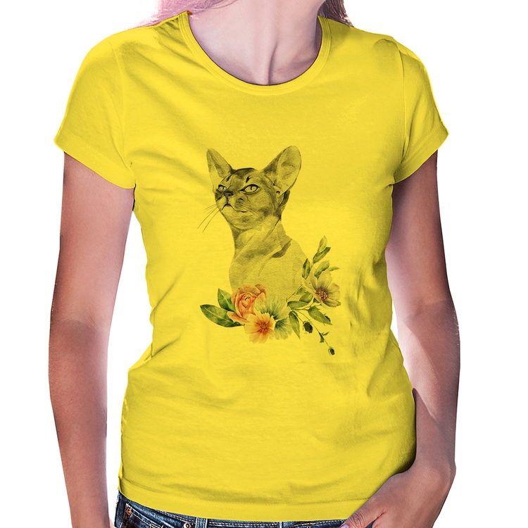 Baby Look Gato e Flores - Amarela