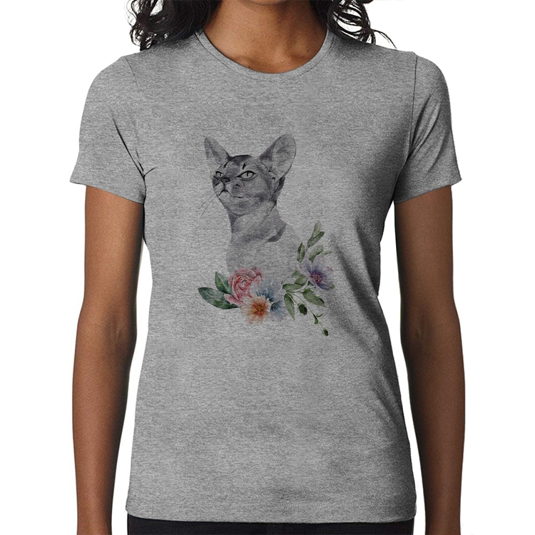 Baby Look Gato e Flores - Cinza