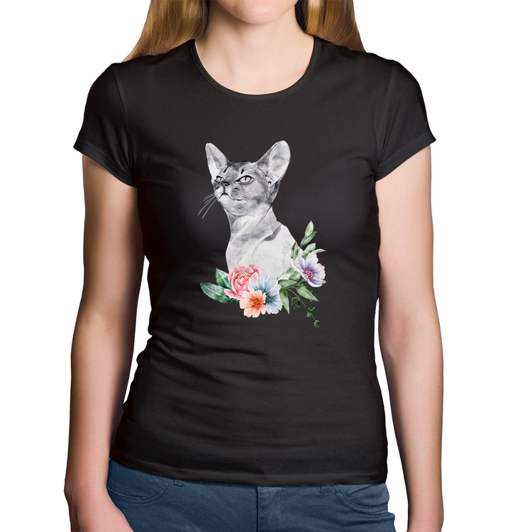 Baby Look Algodão Gato e Flores