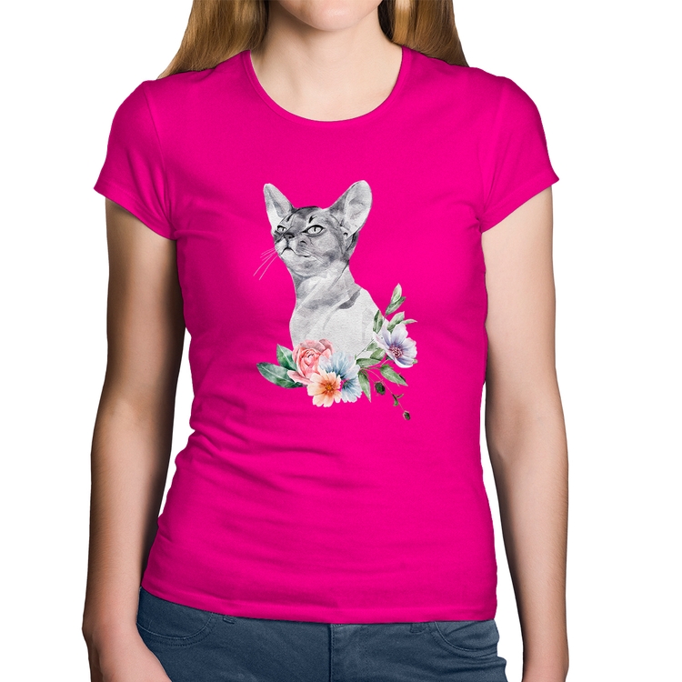 Baby Look Algodão Gato e Flores - Rosa