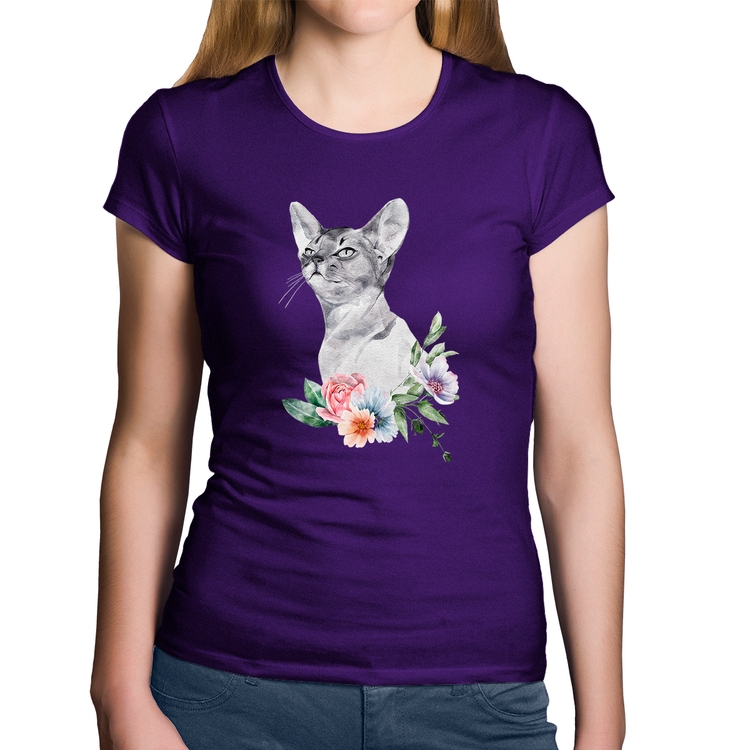 Baby Look Algodão Gato e Flores - Roxa