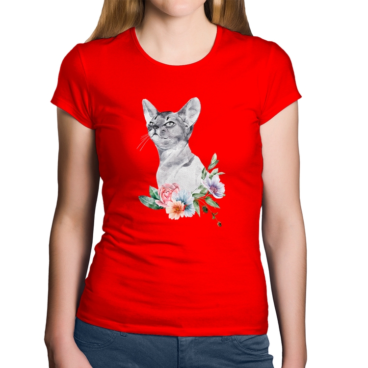 Baby Look Algodão Gato e Flores - Vermelha