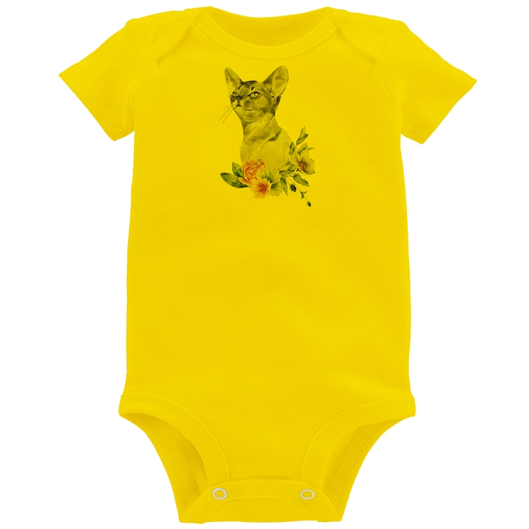 Body Bebê Gato e Flores - Amarelo