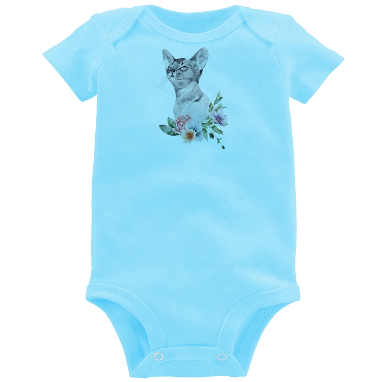 Body Bebê Gato e Flores - Azul Bebê
