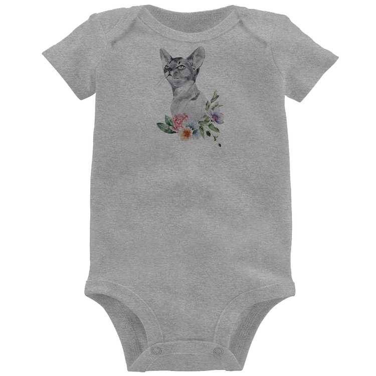 Body Bebê Gato e Flores - Cinza
