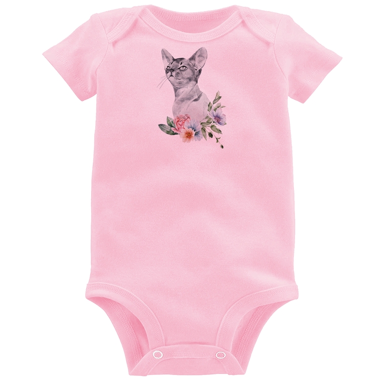 Body Bebê Gato e Flores - Rosa Bebê