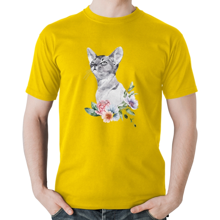 Camiseta Algodão Gato e Flores - Amarela