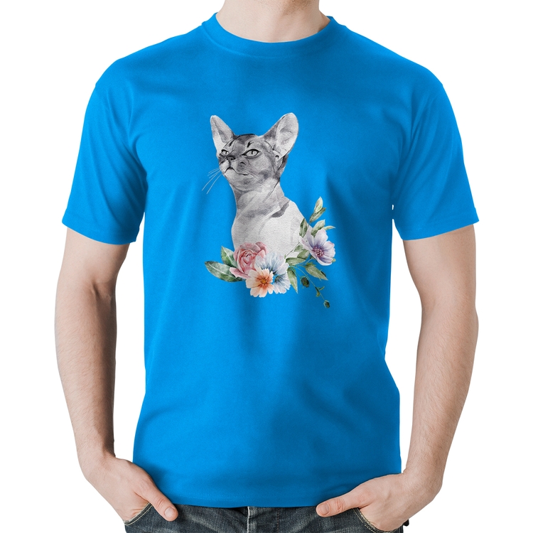 Camiseta Algodão Gato e Flores - Azul