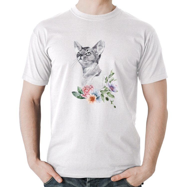 Camiseta Algodão Gato e Flores - Branca