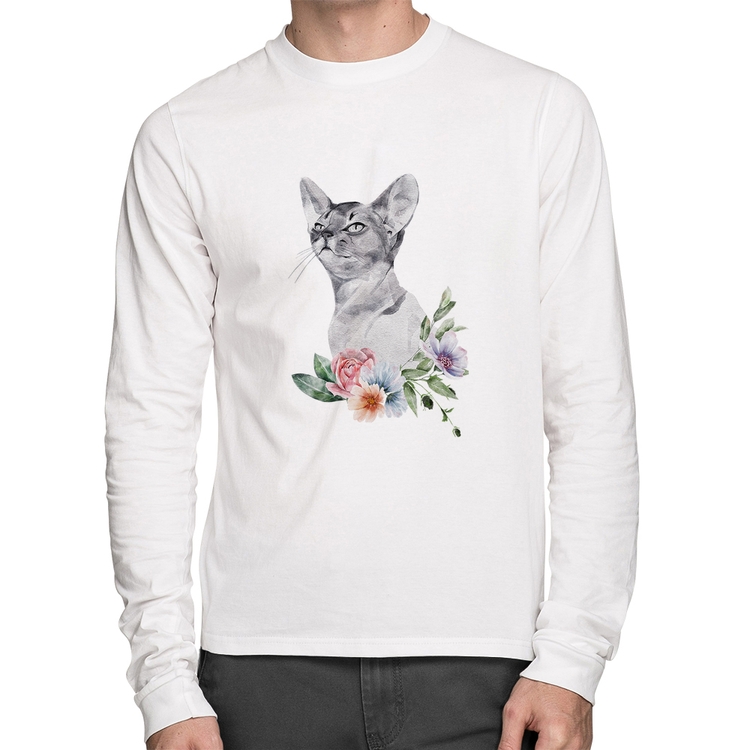 Camiseta Algodão Gato e Flores Manga Longa - Branca