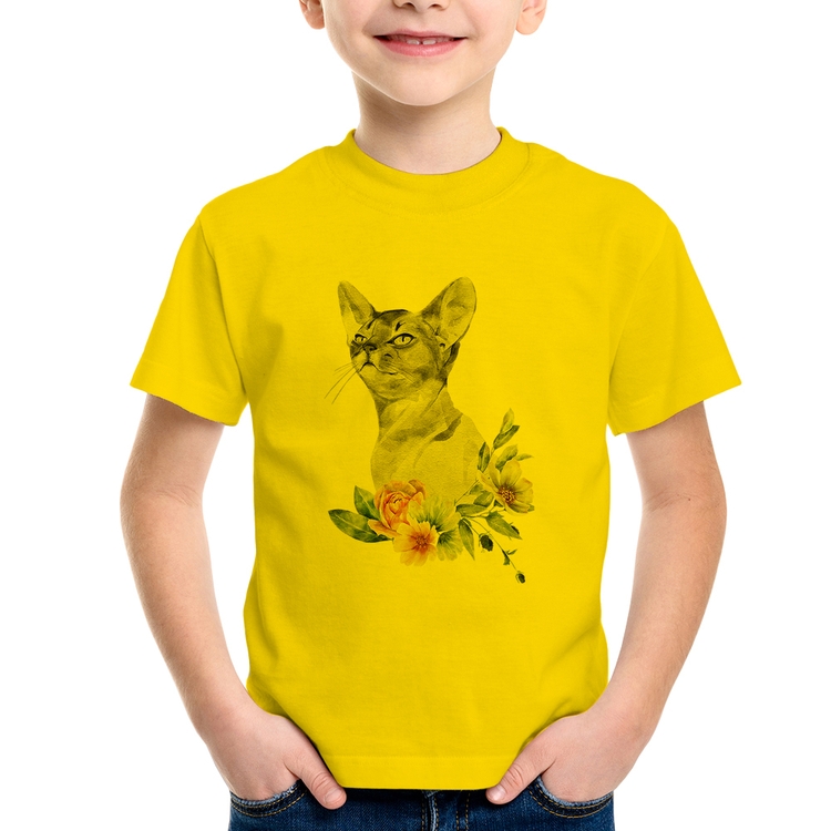 Camiseta Infantil Gato e Flores - Amarela