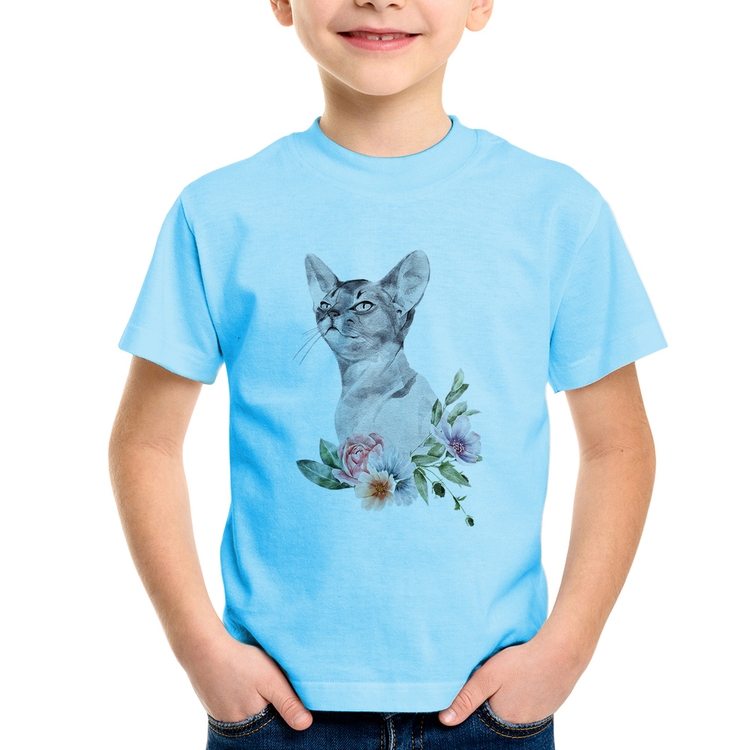 Camiseta Infantil Gato e Flores - Azul Bebê