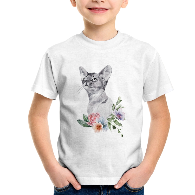 Camiseta Infantil Gato e Flores