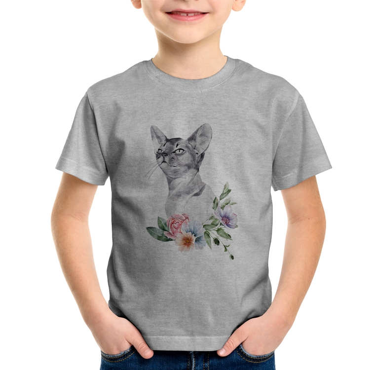 Camiseta Infantil Gato e Flores - Cinza