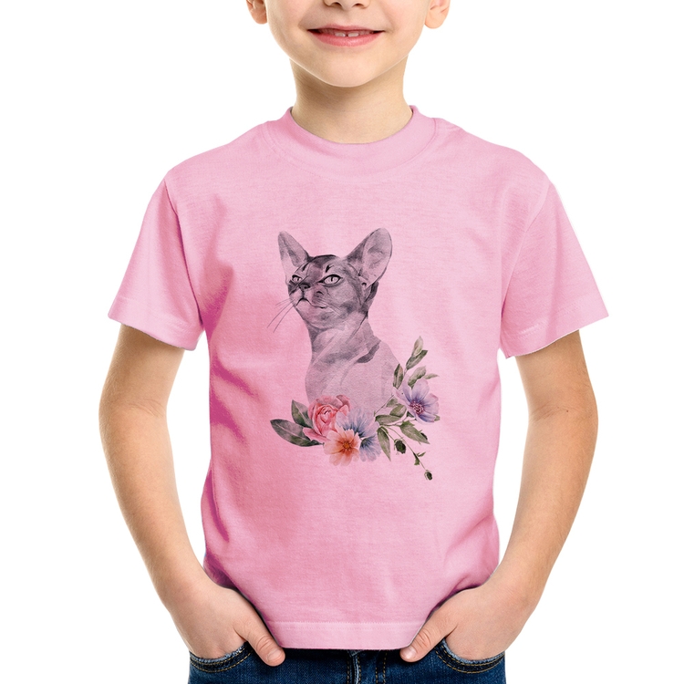 Camiseta Infantil Gato e Flores - Rosa Bebê