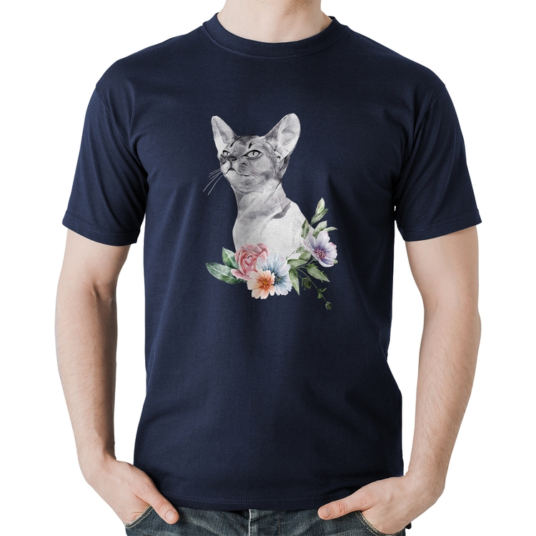 Camiseta Algodão Gato e Flores - Marinho