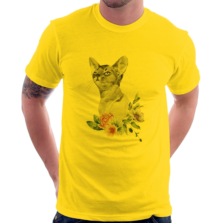 Camiseta Gato e Flores - Amarela