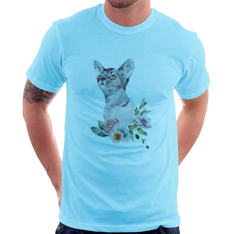 Camiseta Gato e Flores - Azul Bebê