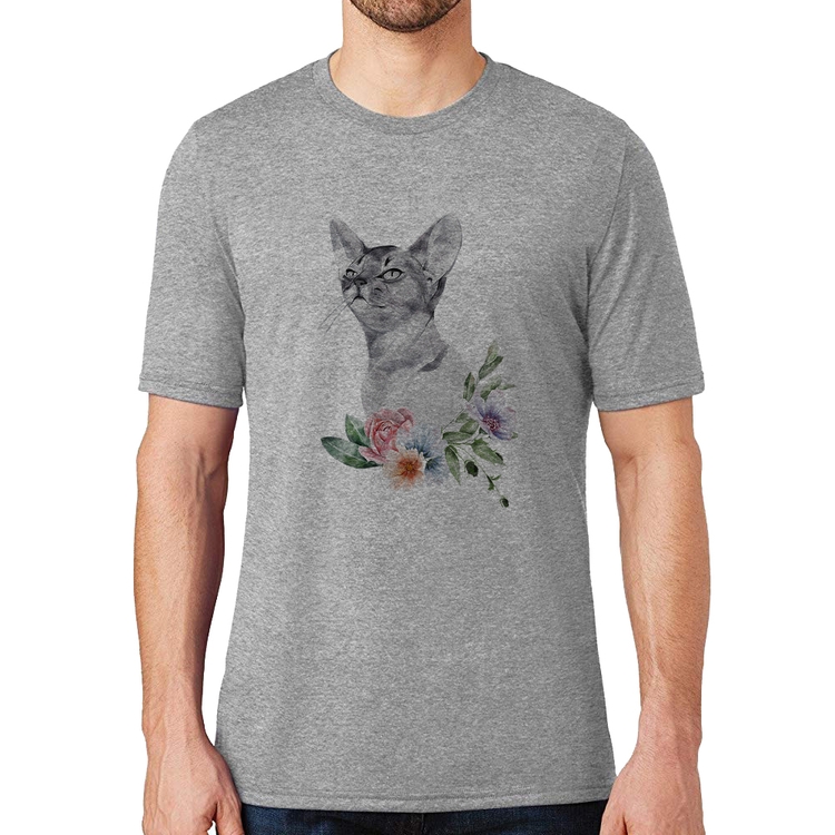 Camiseta Gato e Flores - Cinza