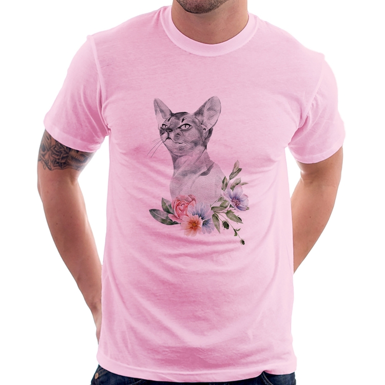 Camiseta Gato e Flores - Rosa Bebê