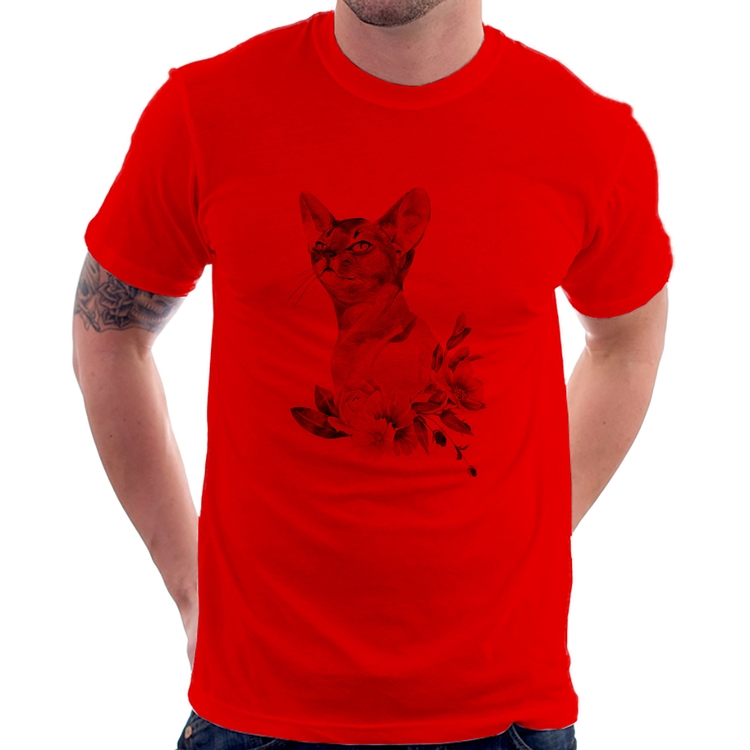 Camiseta Gato e Flores - Vermelha