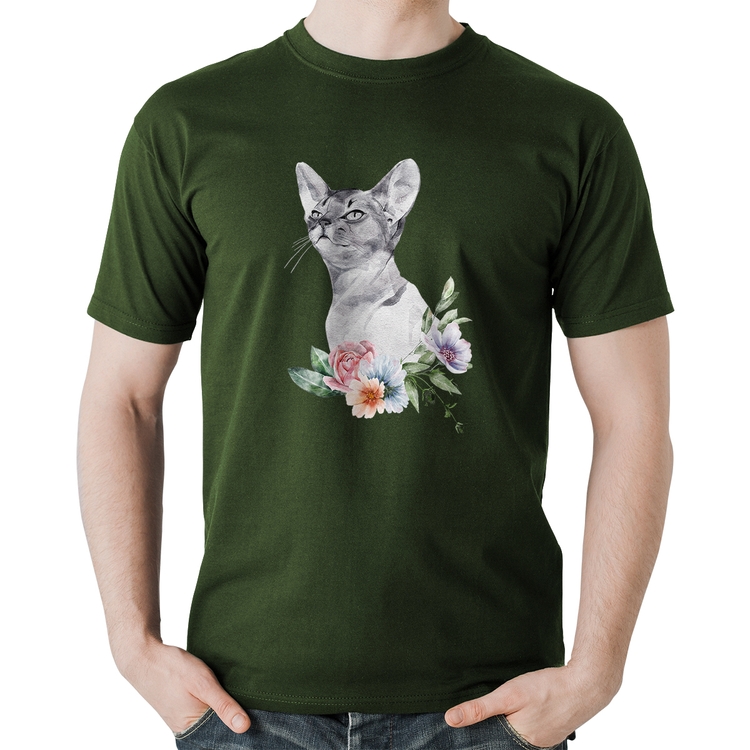 Camiseta Algodão Gato e Flores - Musgo