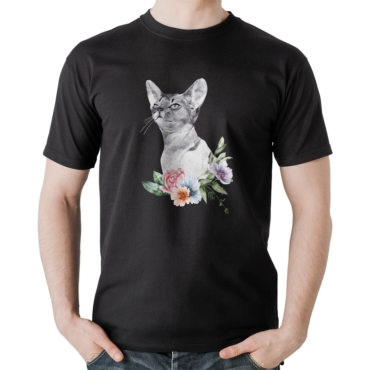 Camiseta Algodão Gato e Flores