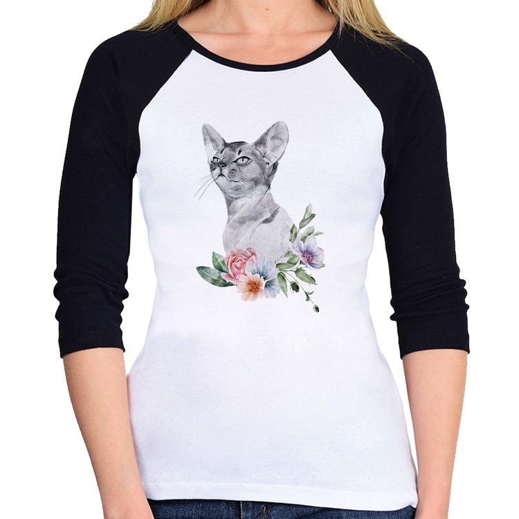 Baby Look Raglan Gato e Flores Manga 3/4