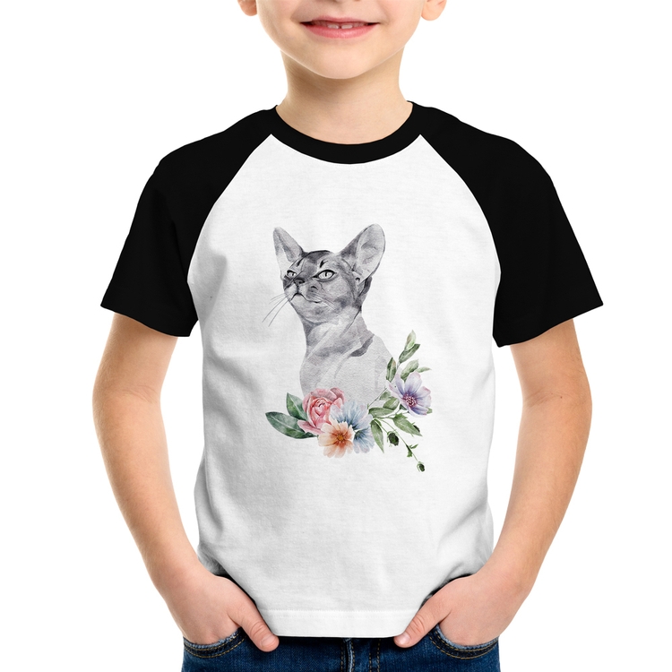 Camiseta Raglan Infantil Gato e Flores