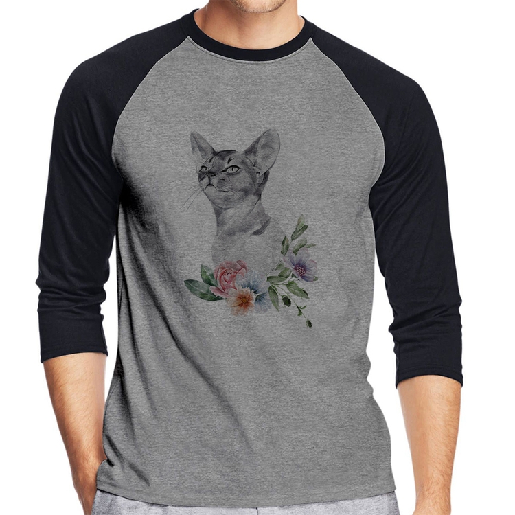 Camiseta Raglan Gato e Flores Manga 3/4 - Cinza/Preto