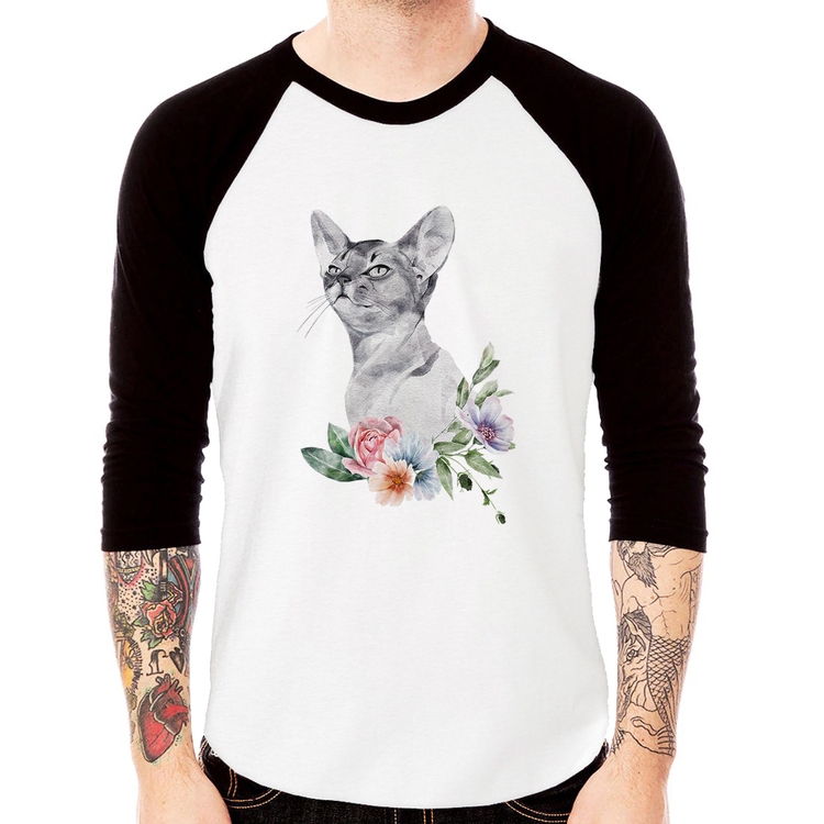 Camiseta Raglan Gato e Flores Manga 3/4