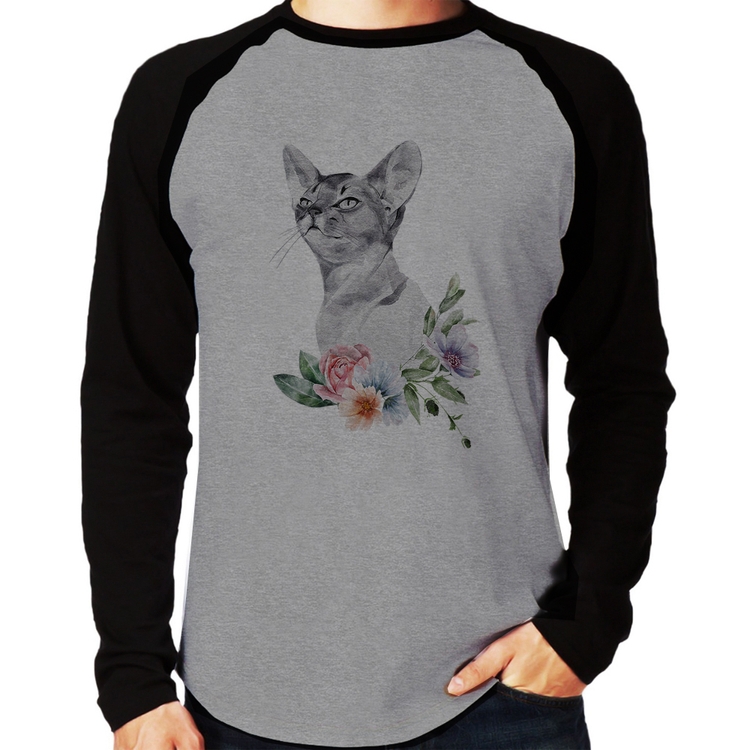 Camiseta Raglan Gato e Flores Manga Longa - Cinza/Preto