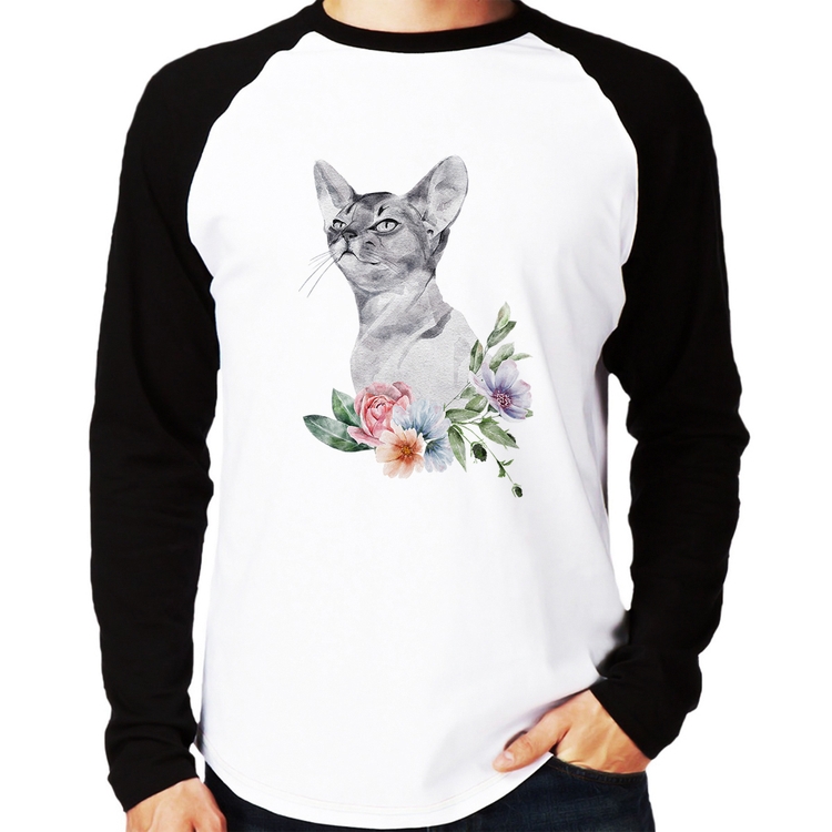 Camiseta Raglan Gato e Flores Manga Longa