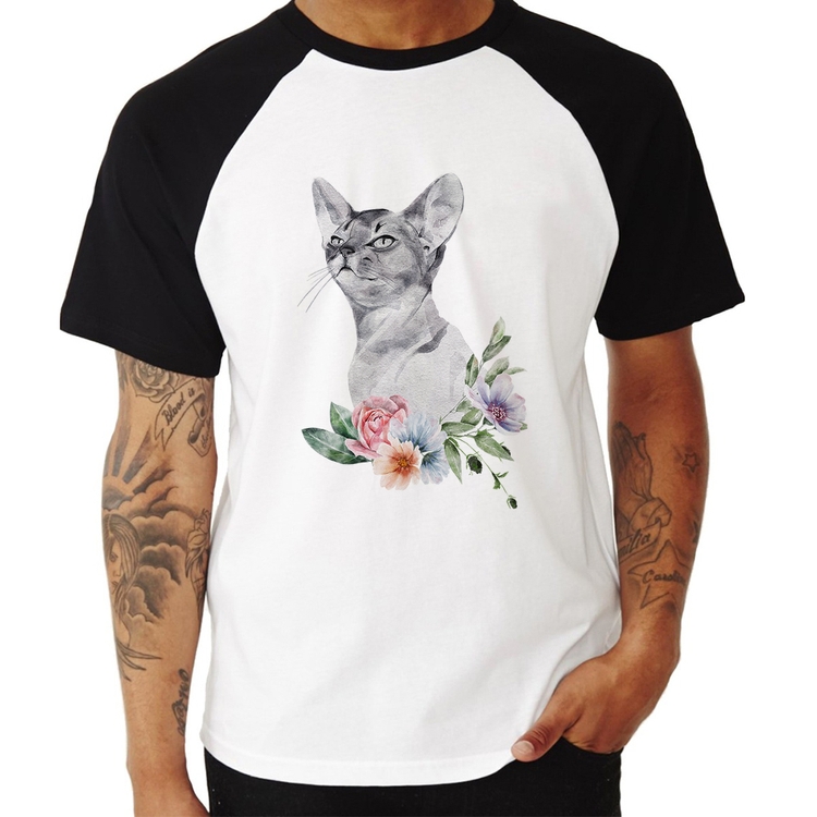Camiseta Raglan Gato e Flores