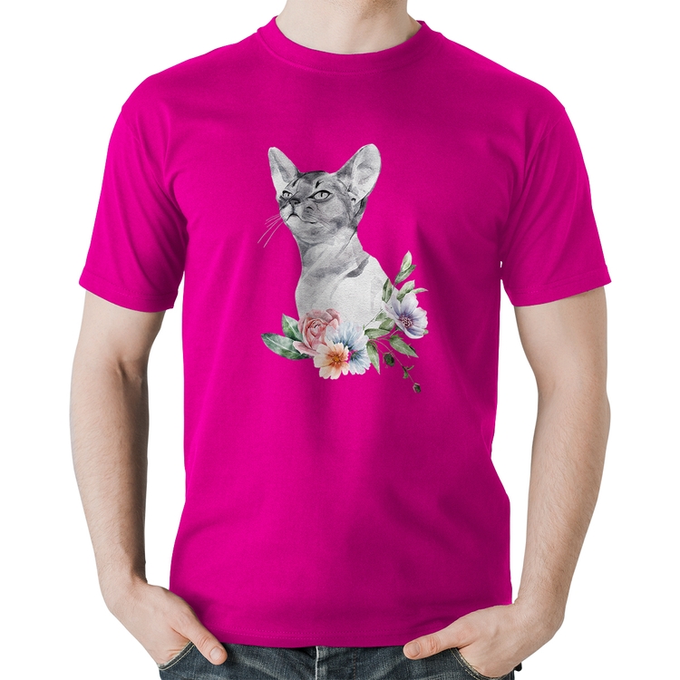 Camiseta Algodão Gato e Flores - Rosa