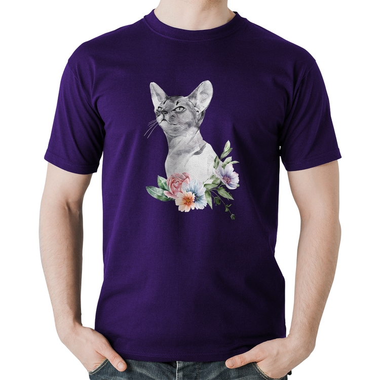 Camiseta Algodão Gato e Flores - Roxa