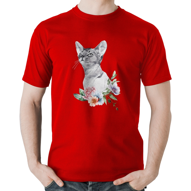 Camiseta Algodão Gato e Flores - Vermelha
