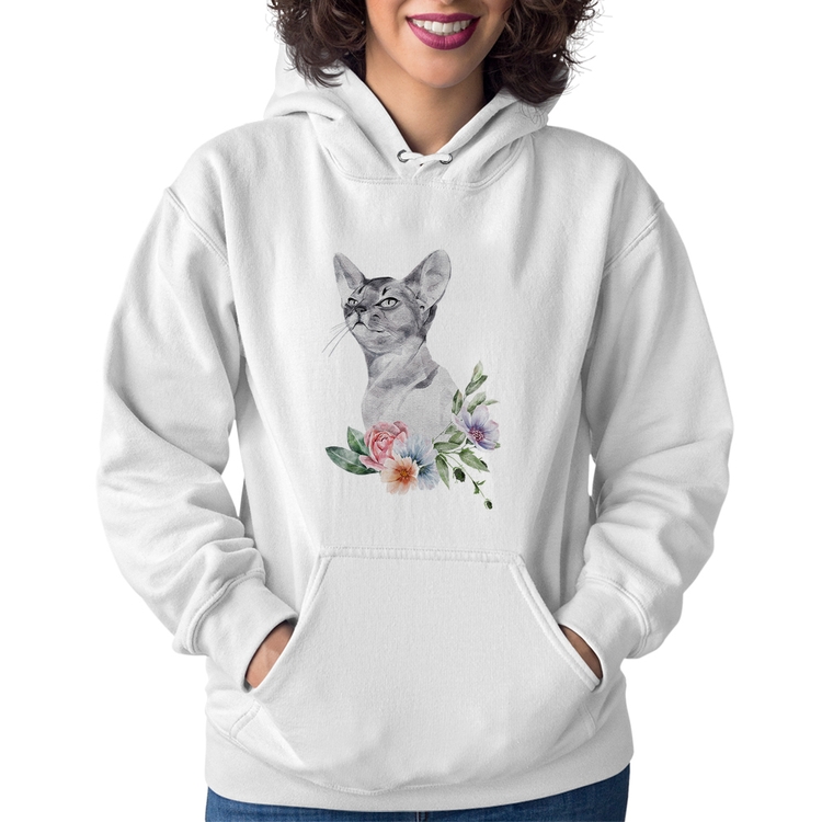 Moletom Feminino Gato e Flores - Branco