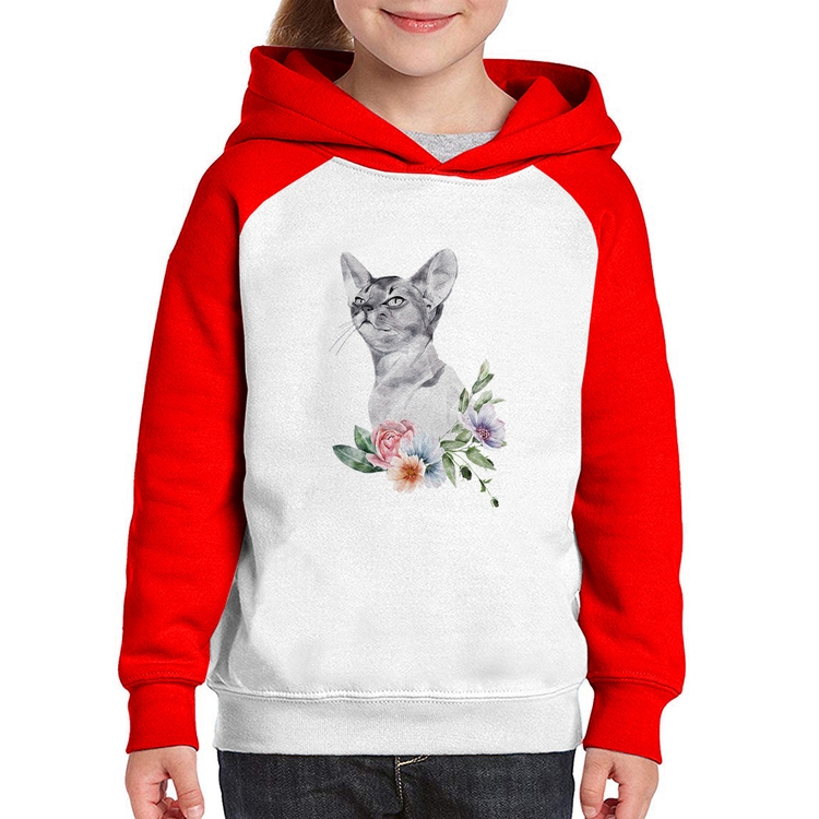 Moletom Infantil Gato e Flores - Branco/Vermelho