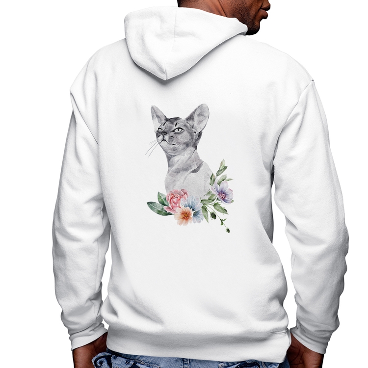 Blusa Moletom Gato e Flores Masculina com Capuz e Zíper - Branca