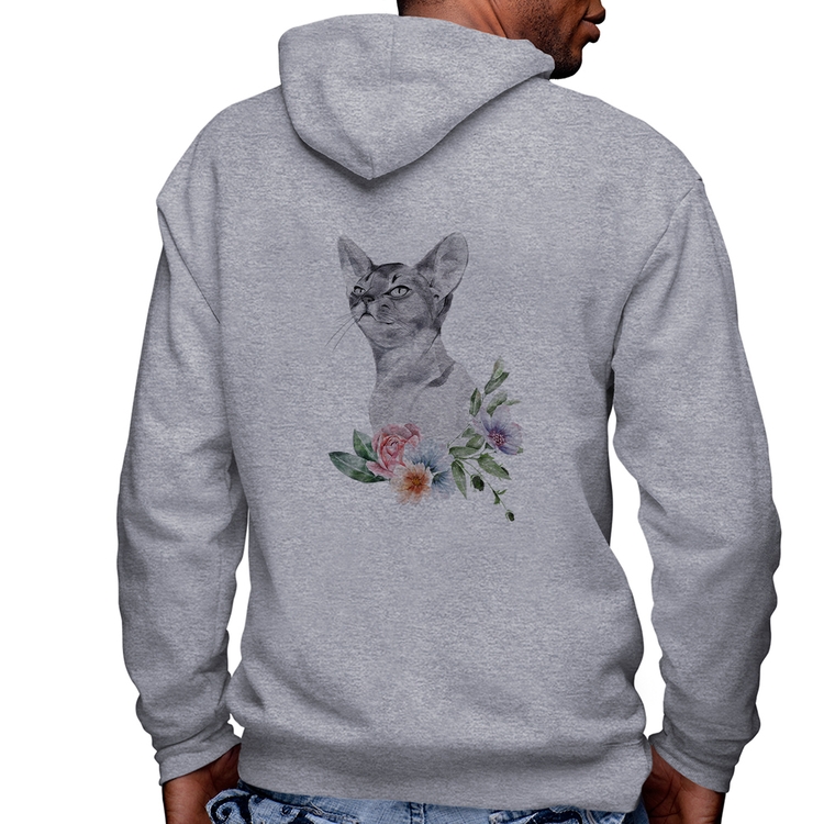 Blusa Moletom Gato e Flores Masculina com Capuz e Zíper - Mescla