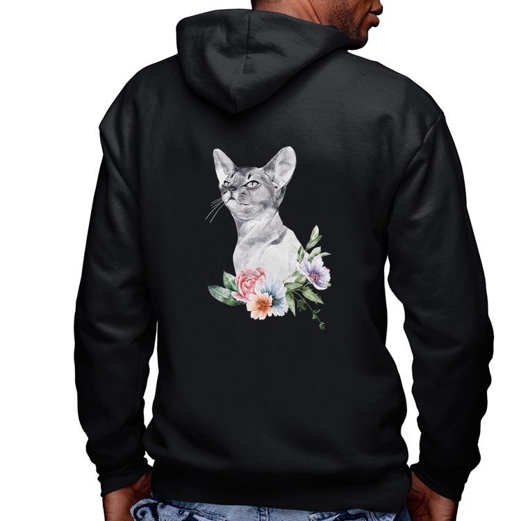 Blusa Moletom Gato e Flores Masculina com Capuz e Zíper