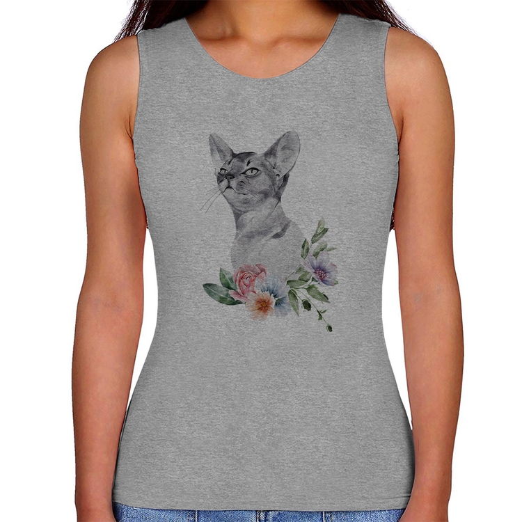 Regata Feminina Gato e Flores - Cinza