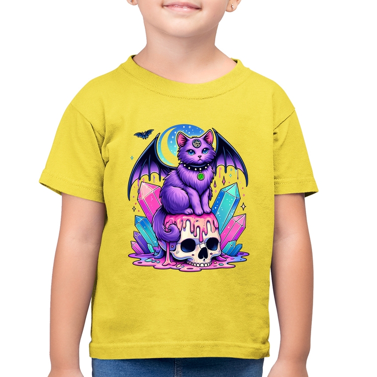 Camiseta Algodão Infantil Gato Gótico Arte - Amarelo Canário